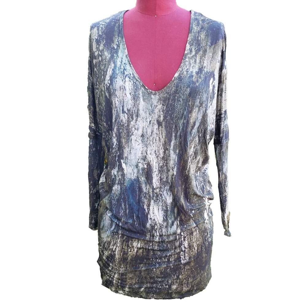 Helmut Lang Tunic T Shirt Green Camouflage Print Long Sleeve V Neck Small